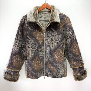 Vtg Y2K Penny Lane Tapestry Coat Size 42 Large Faux Fur Trim Hippie Boho Jacket